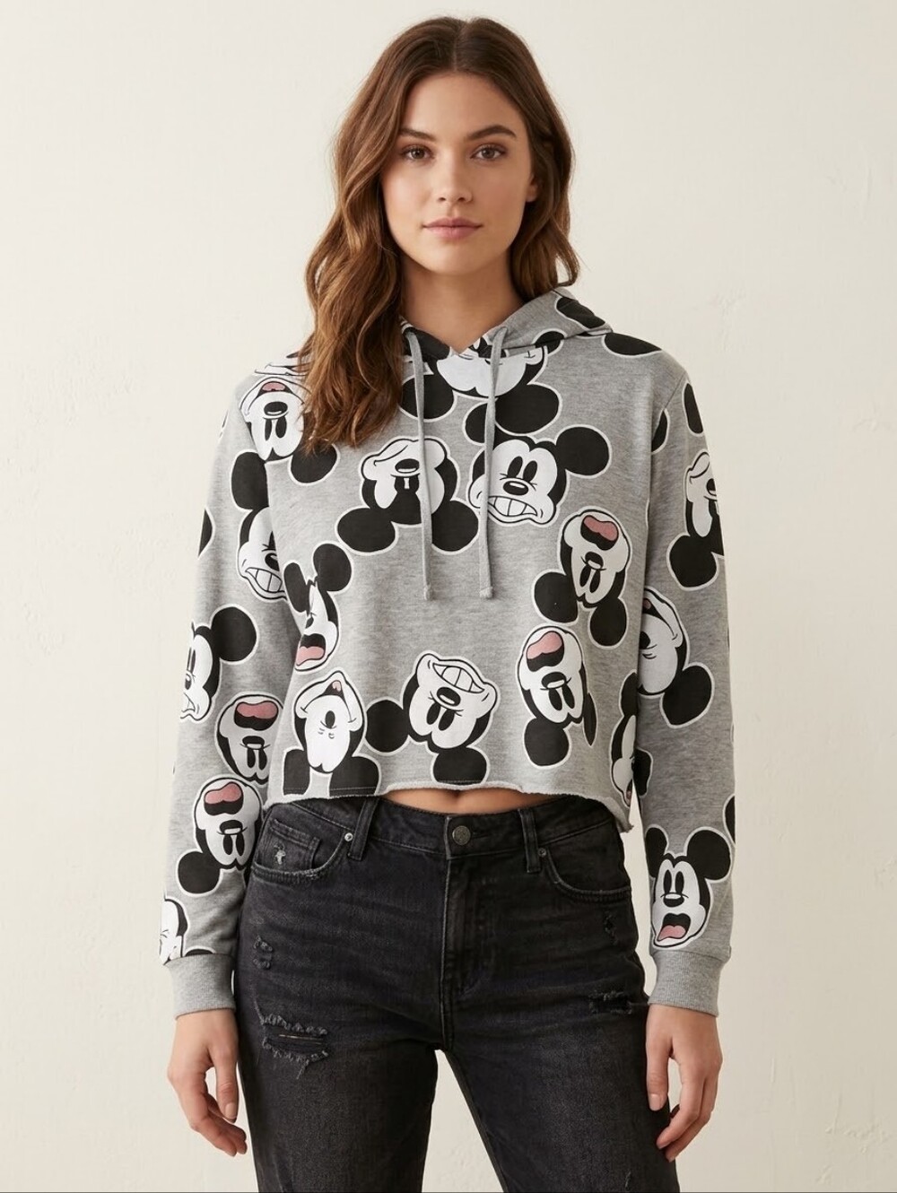 Disney Mickey Mouse Heads Making Faces Cropped Hoodie Med. Loose Fit WDW Parks